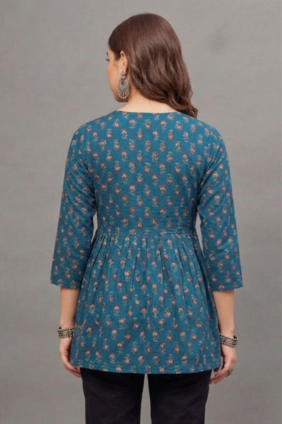 Cotton Teal Blossom Printed short kurti