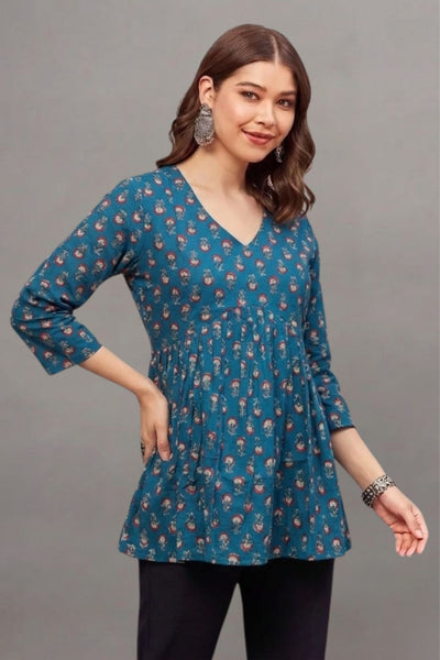 Cotton Teal Blossom Printed short kurti