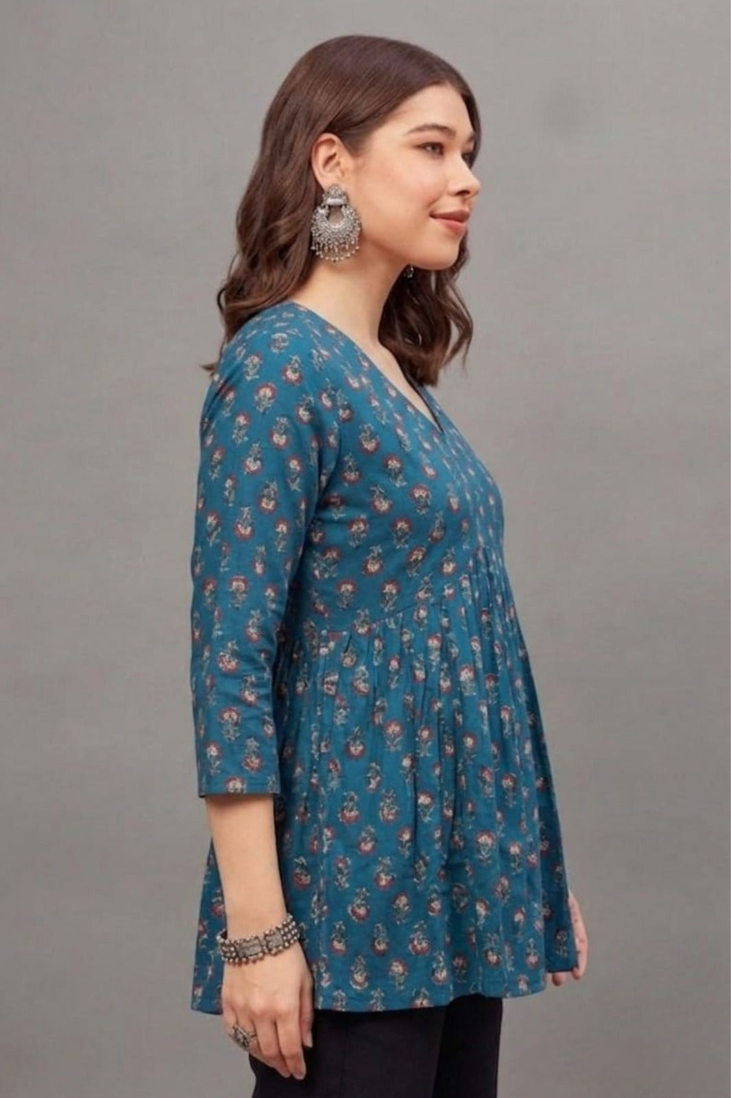 Cotton Teal Blossom Printed short kurti