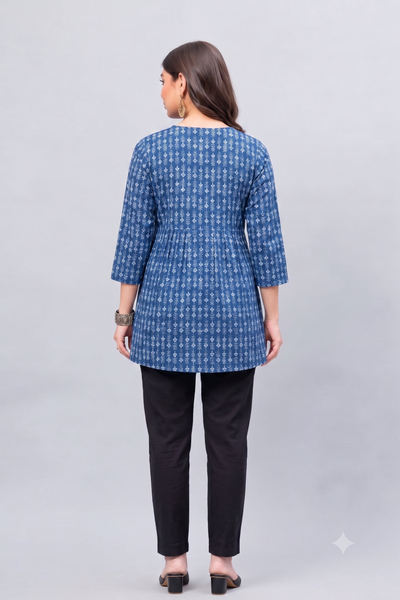 Indigo Floral Buti Cotton Short Printed kurti