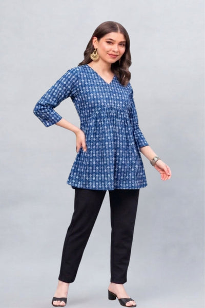 Indigo Floral Buti Cotton Short Printed kurti
