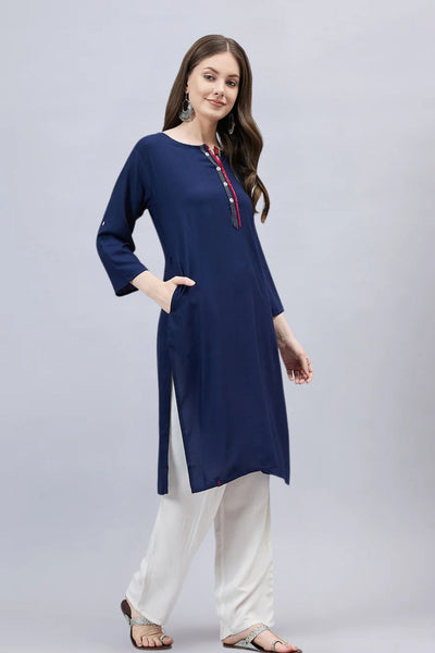 Navy Blue Round Neck Straight Fit Rayon Kurti