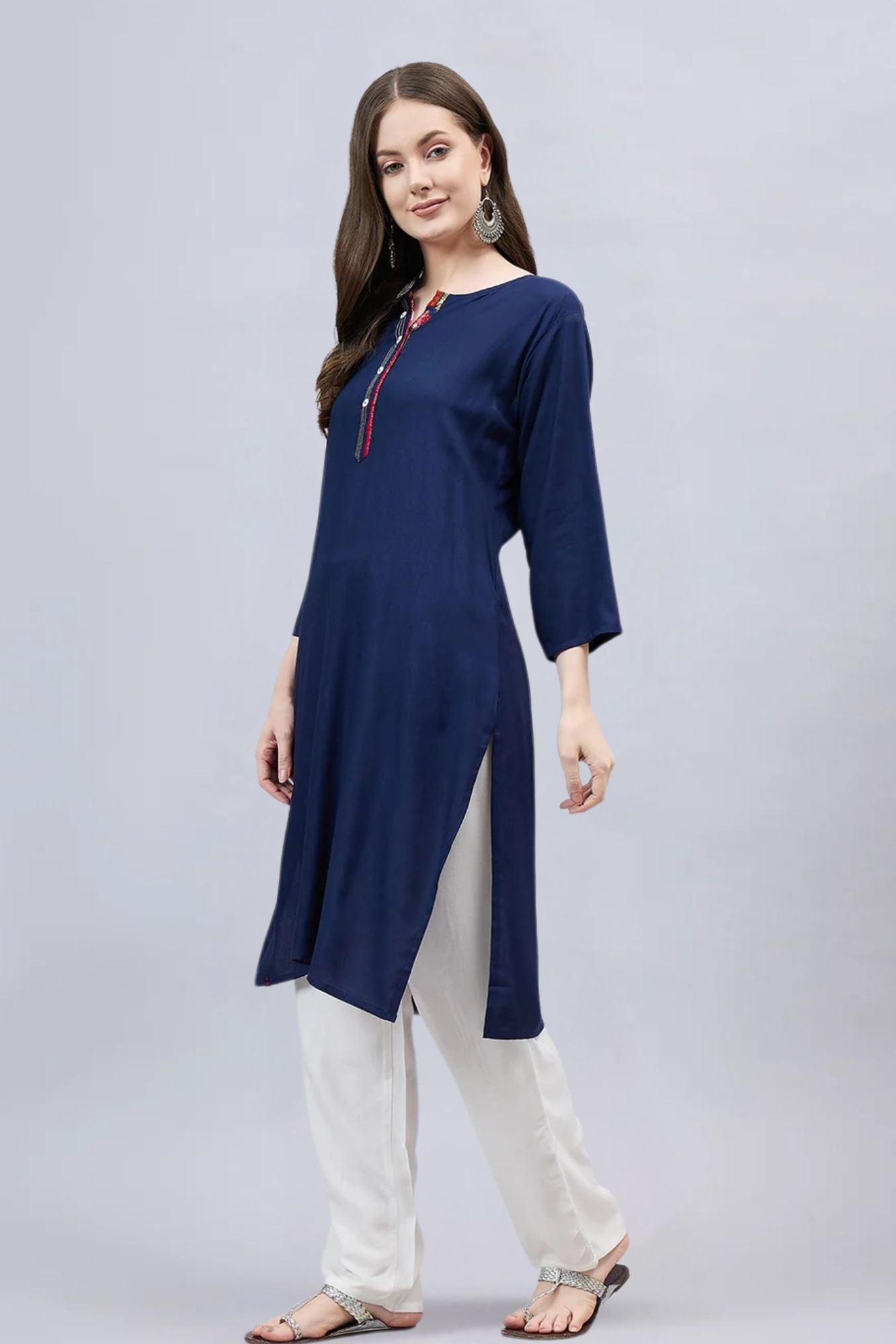 Navy Blue Round Neck Straight Fit Rayon Kurti