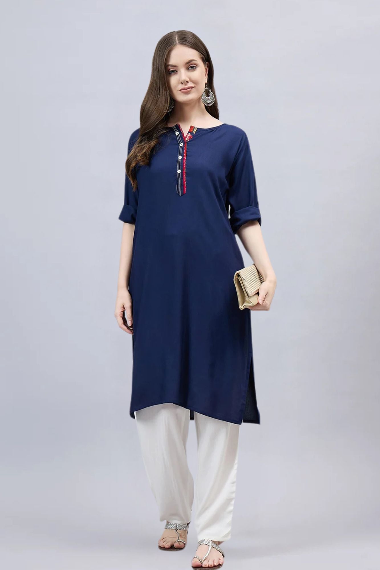 Navy Blue Round Neck Straight Fit Rayon Kurti