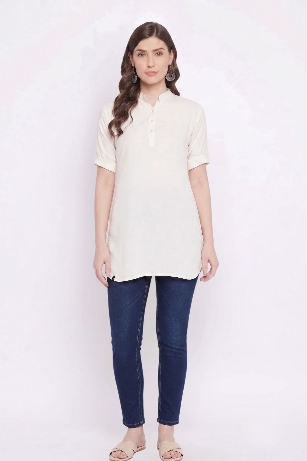 Off White Solid Coloured Short Kurti - 32" Length