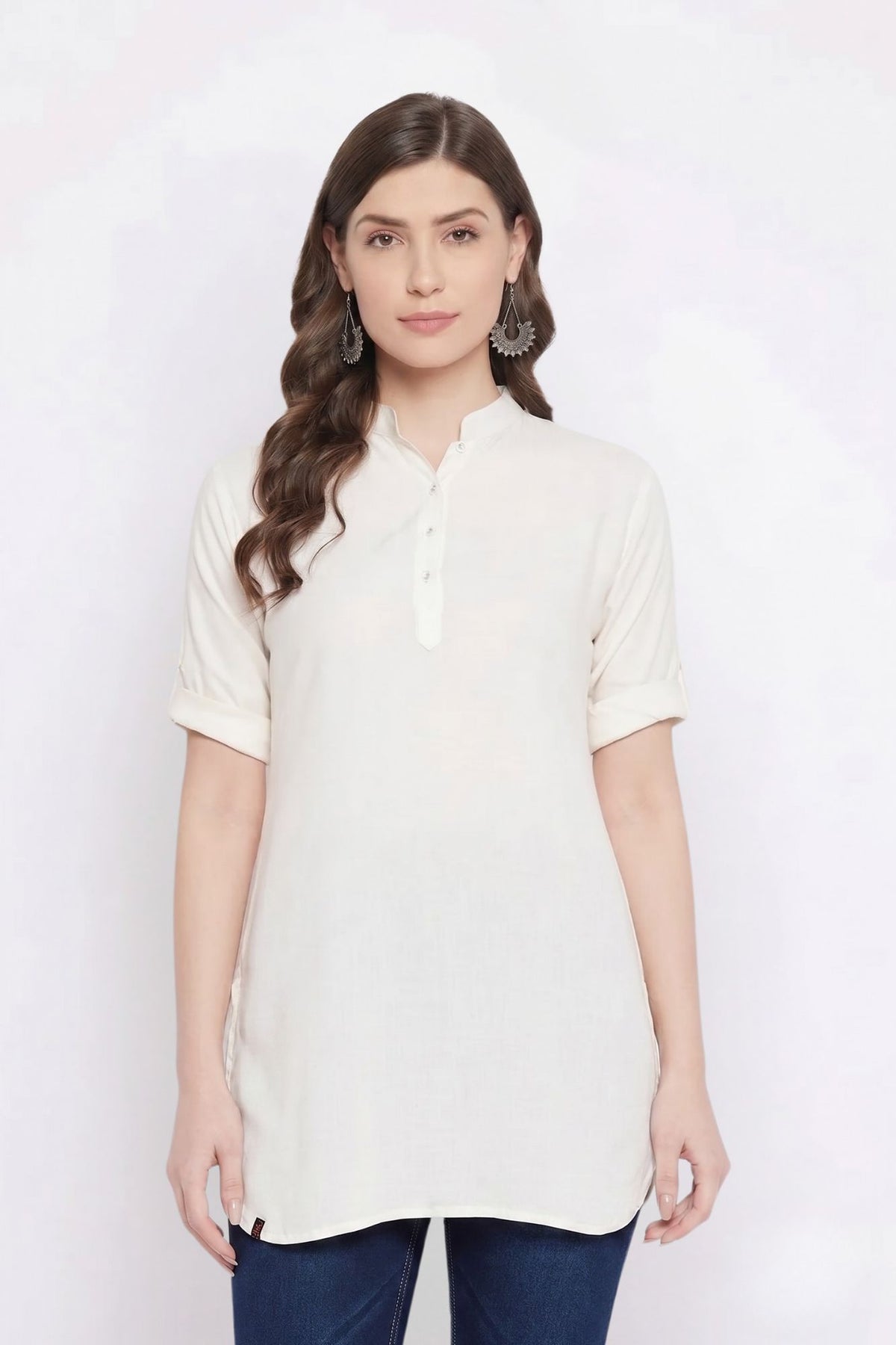 White Solid Coloured Short Kurti - 32" Length