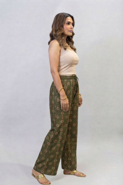 Olive Green Floral Buti  Printed Palazzo