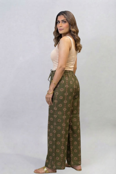Olive Green Floral Buti  Printed Palazzo