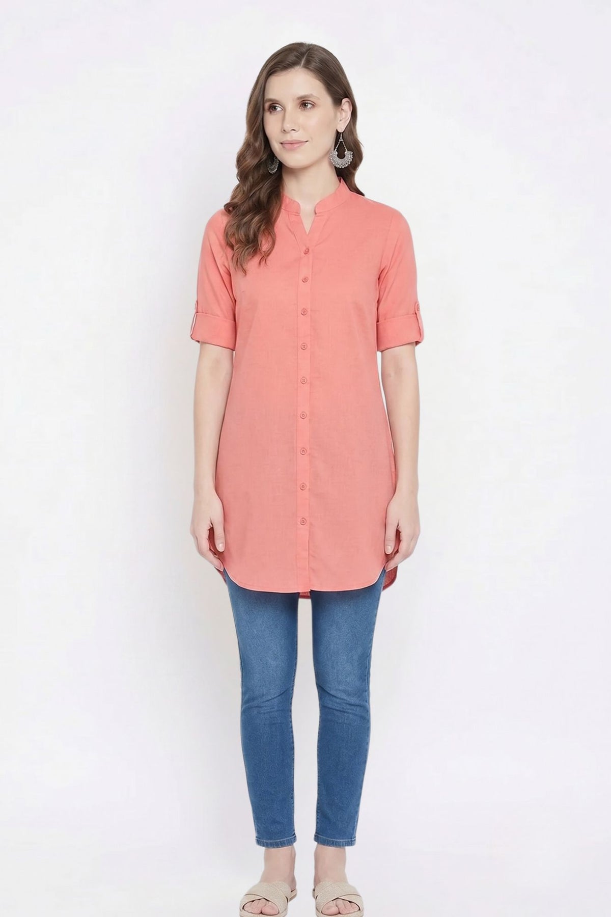 Peach Solid Coloured Short Kurti - 32" Length