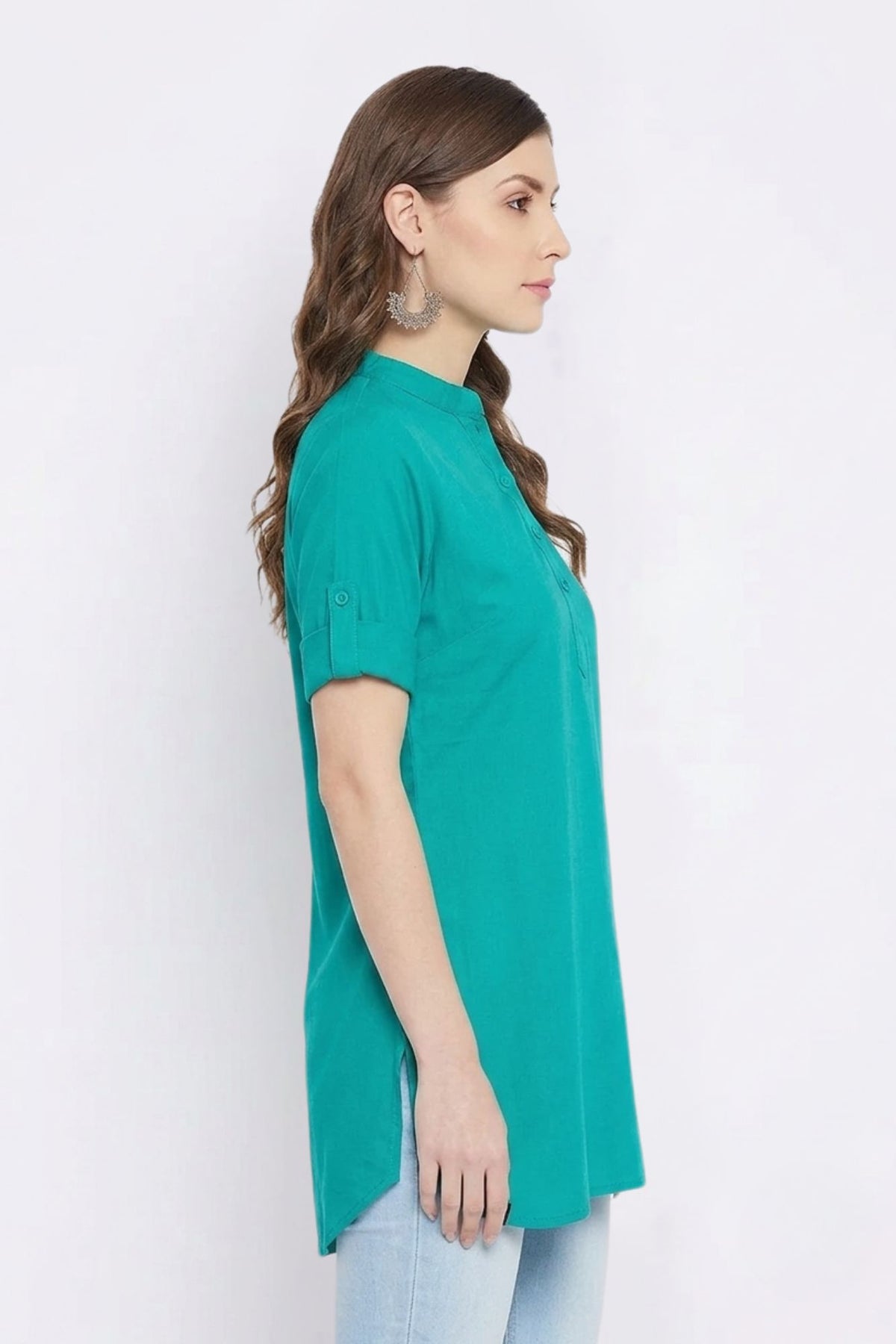 Rama Green Solid Coloured Short Kurti - 32" Length