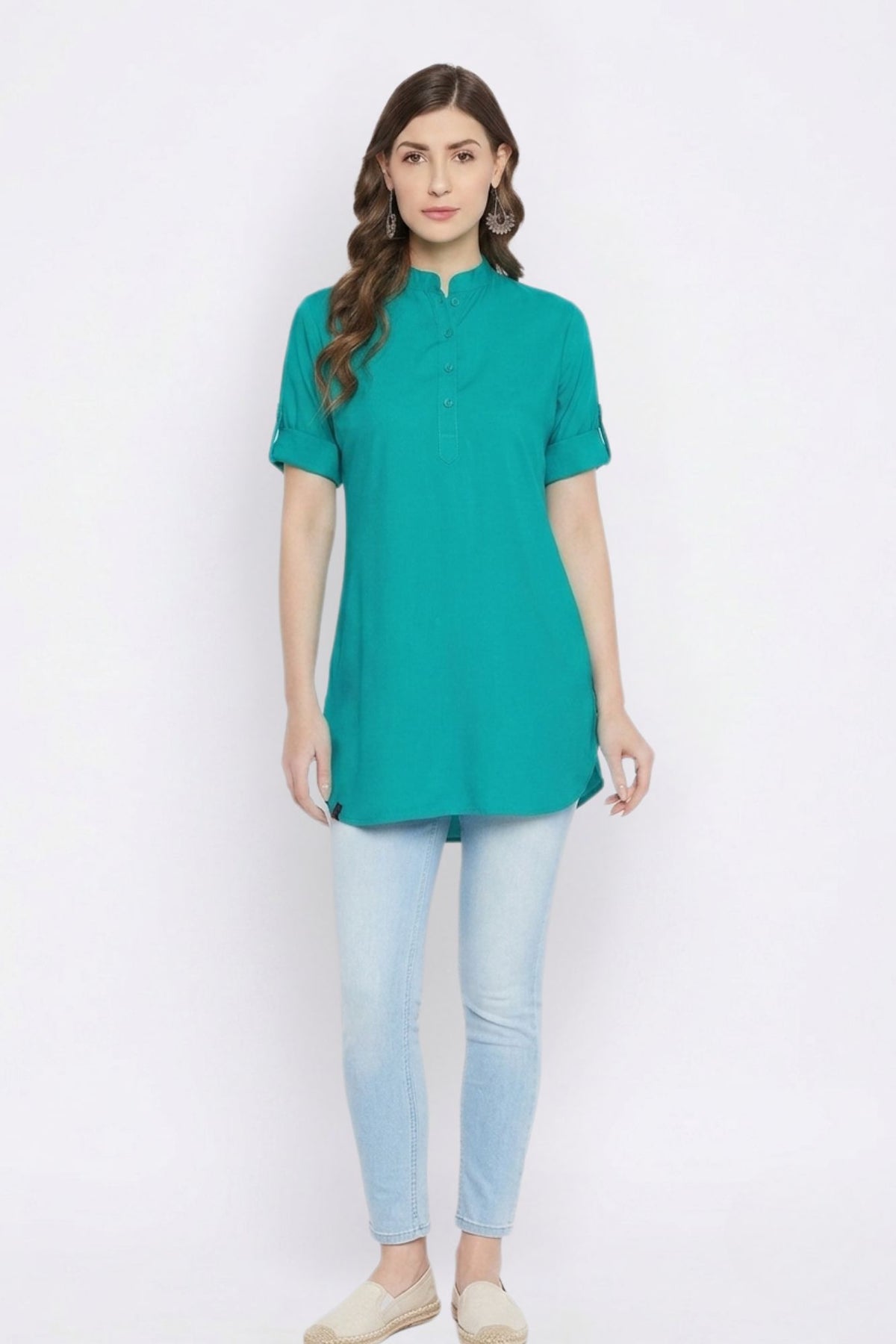 Rama Green Solid Coloured Short Kurti - 32" Length