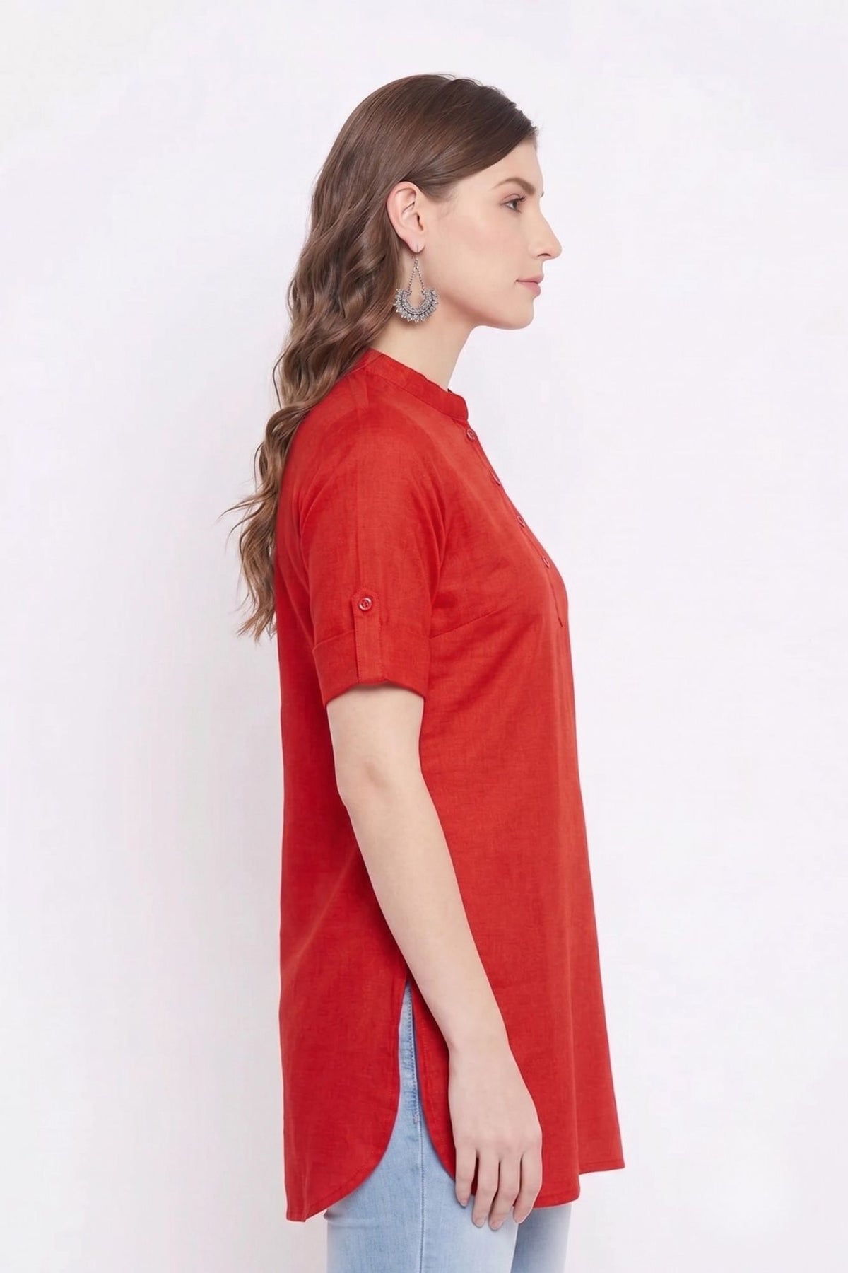Red Solid Coloured Short Kurti - 32" Length