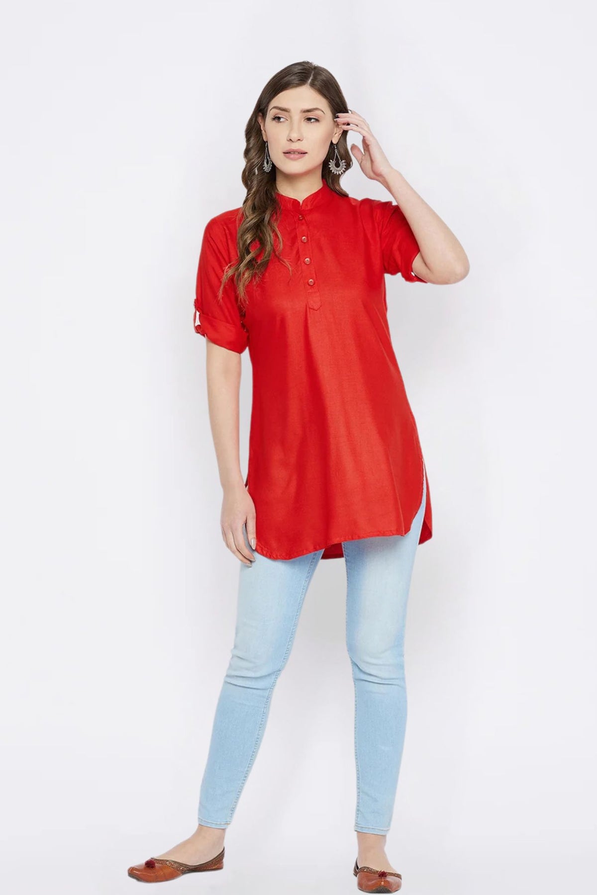 Red Solid Coloured Short Kurti - 32" Length
