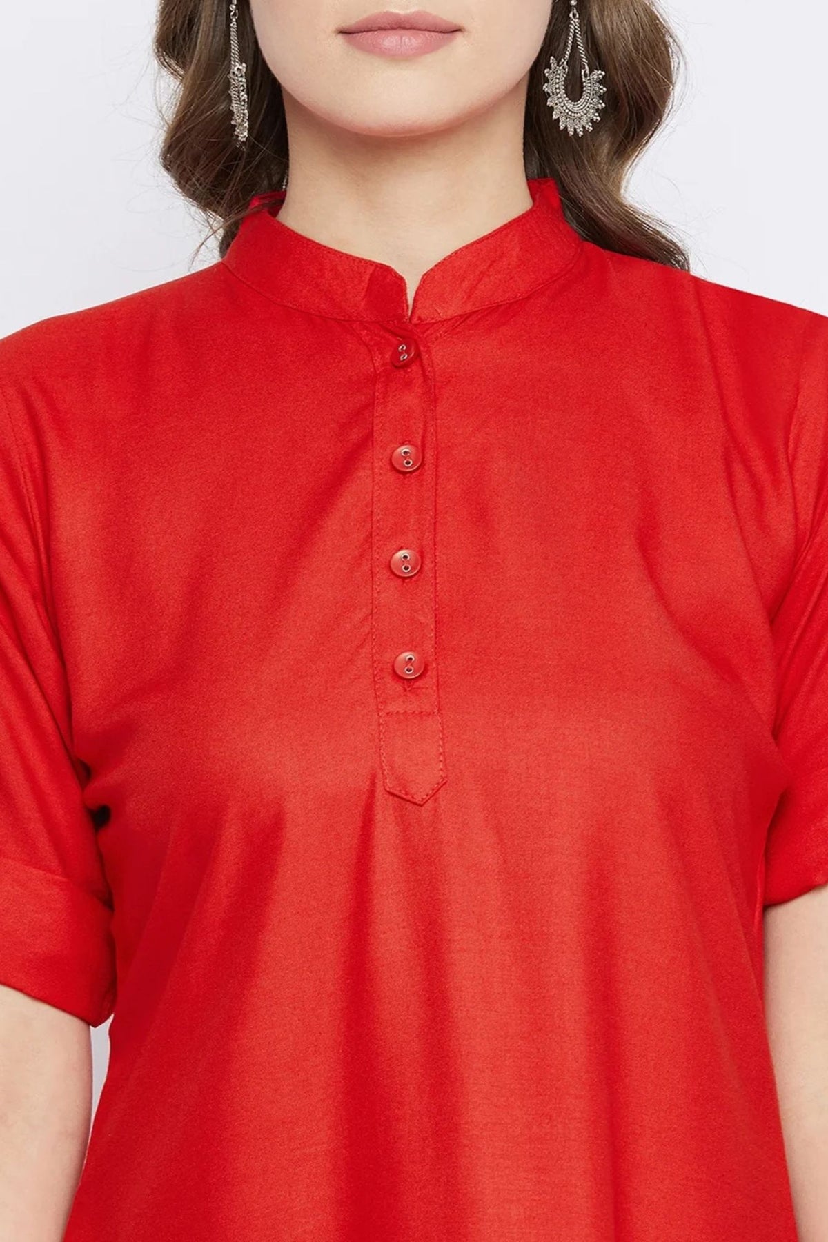 Red Solid Coloured Short Kurti - 32" Length