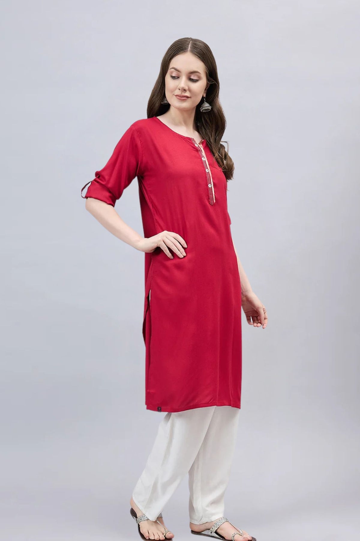 Red Round Neck Straight Fit Rayon Kurti