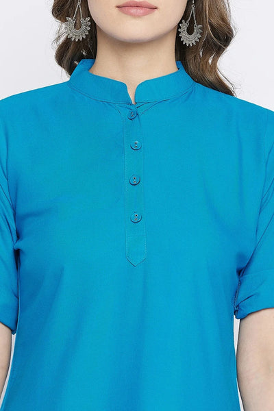 Sky Blue Solid Coloured Short Kurti - 32" Length