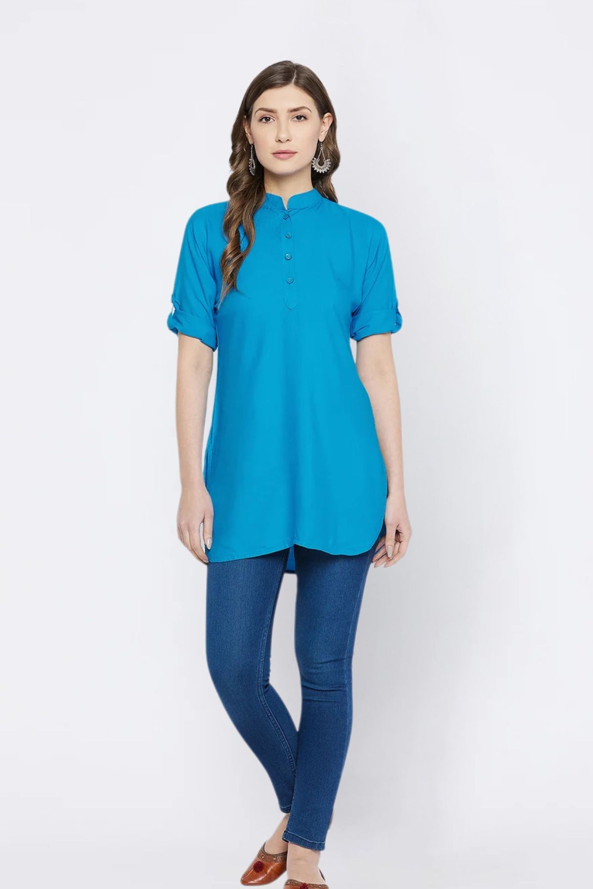Sky Blue Solid Coloured Short Kurti - 32" Length