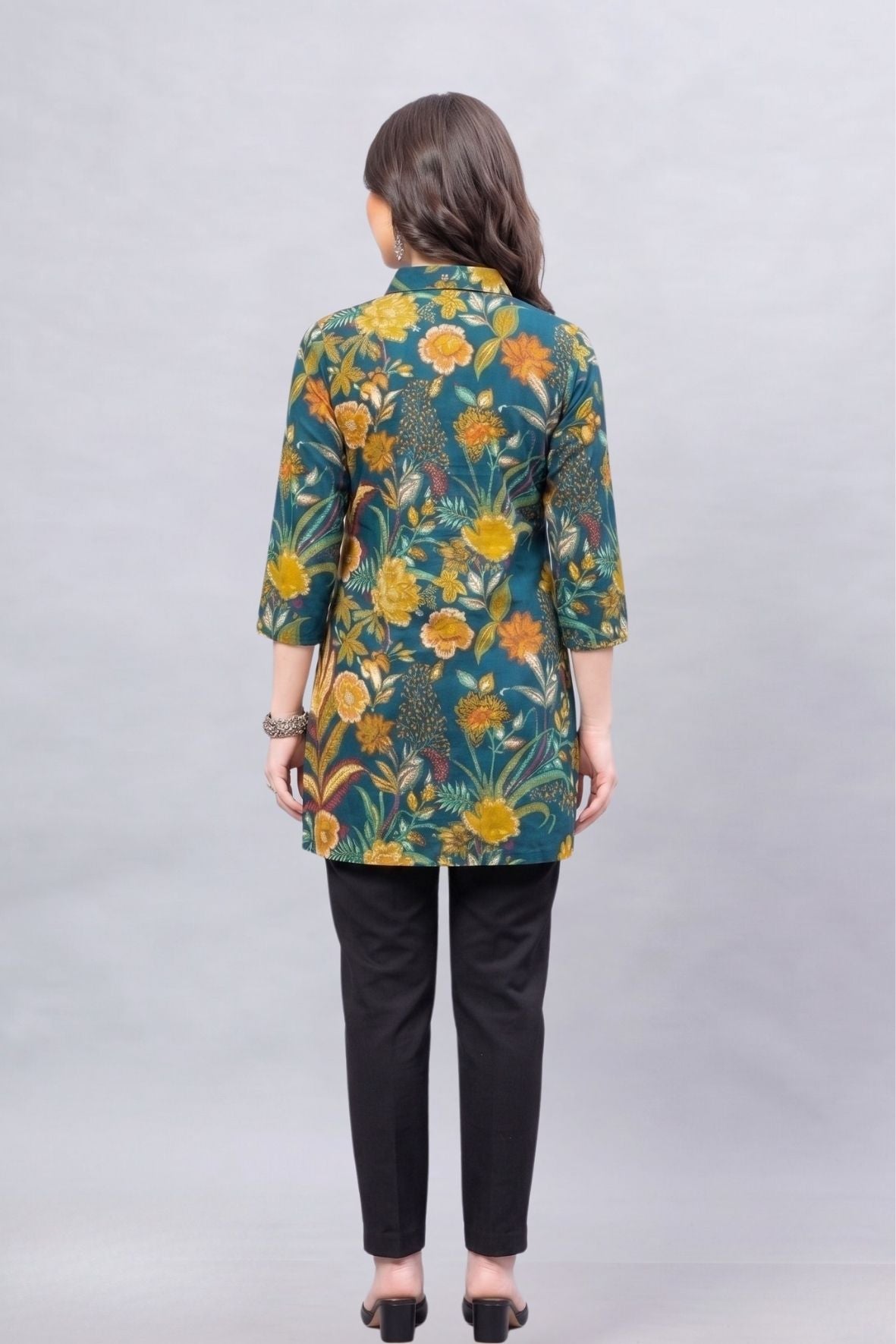 Teal Bloom Short Printed Kurti