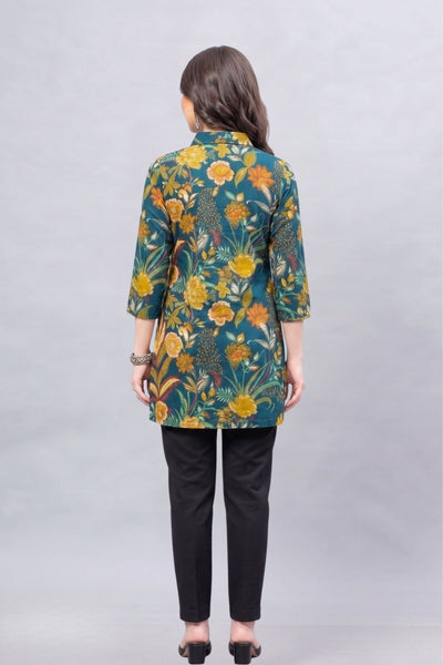 Teal Bloom Short Printed Kurti