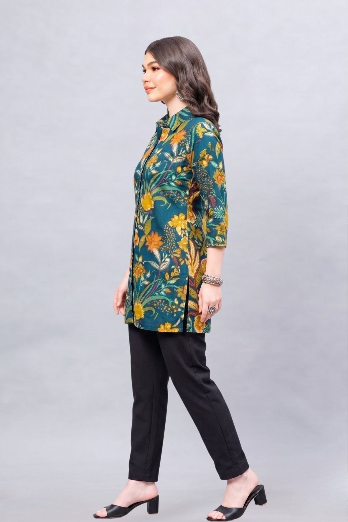 Teal Bloom Short Printed Kurti