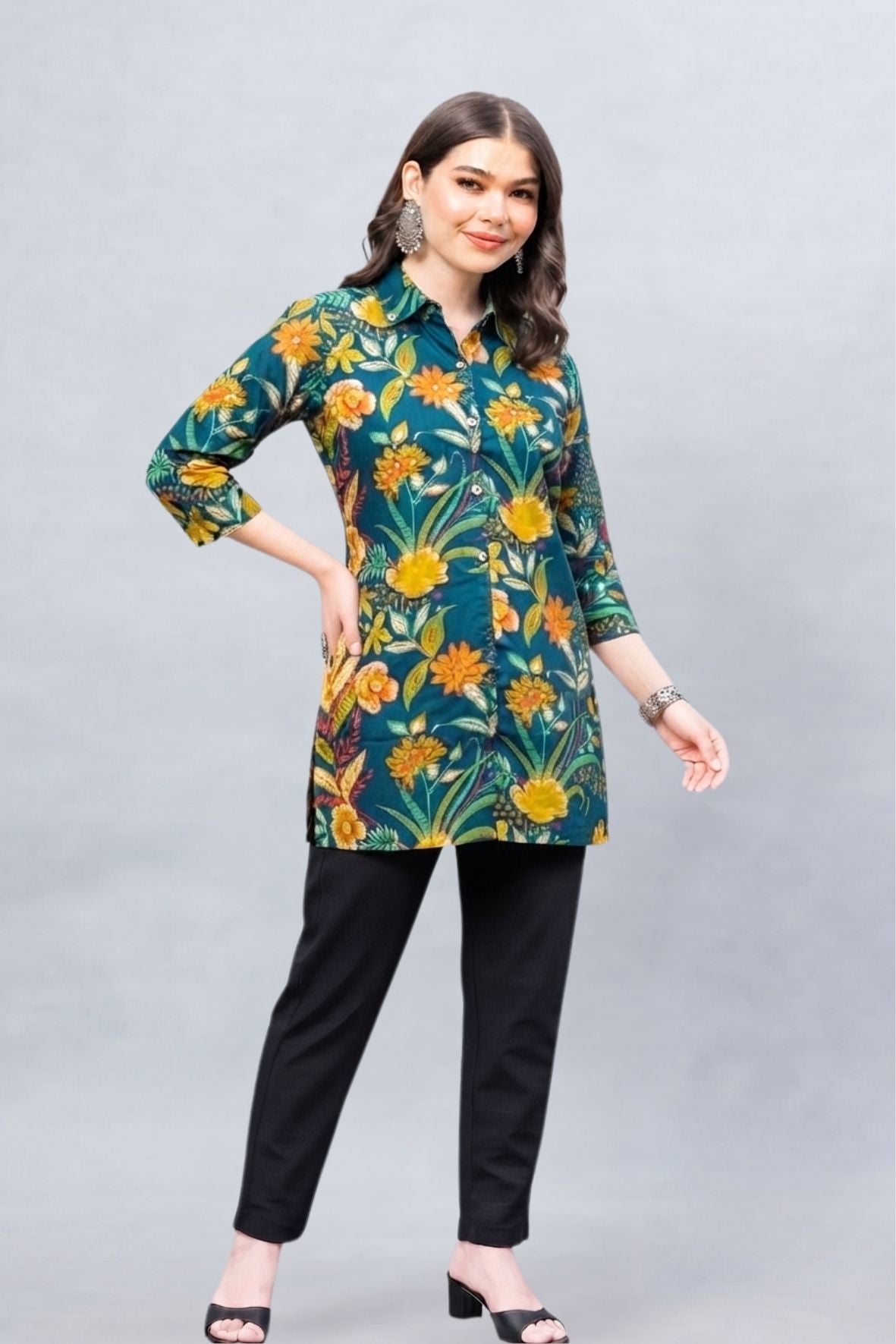 Teal Bloom Short Printed Kurti