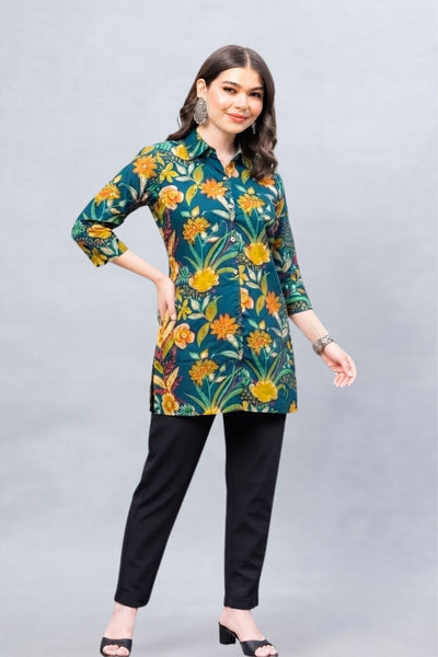 Teal Bloom Short Printed Kurti