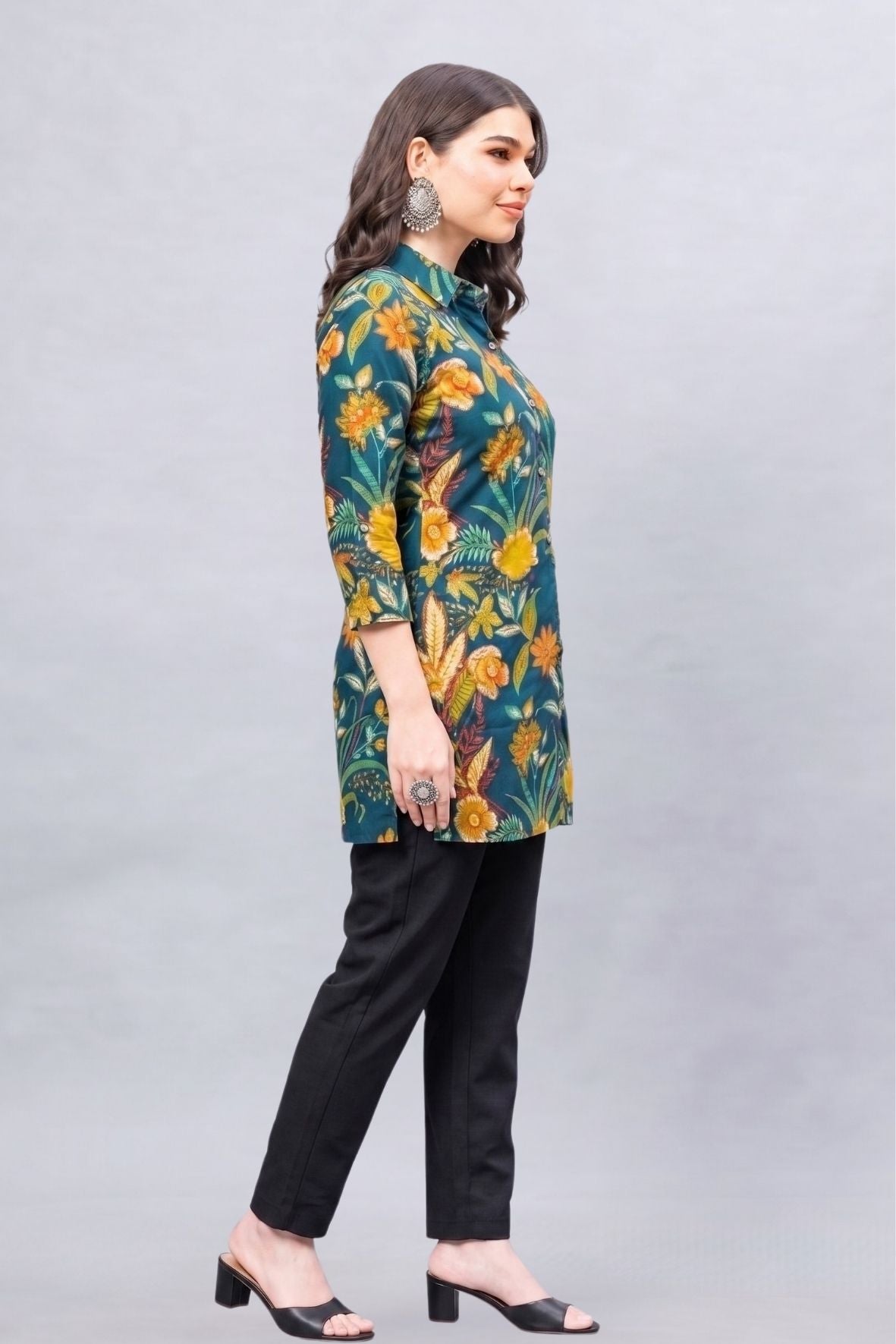 Teal Bloom Short Printed Kurti