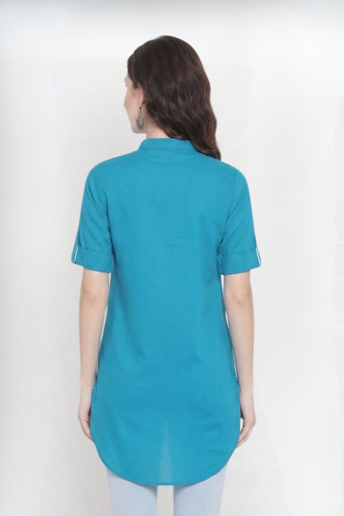 Turquoise Blue Solid Coloured Short Kurti - 32" Length