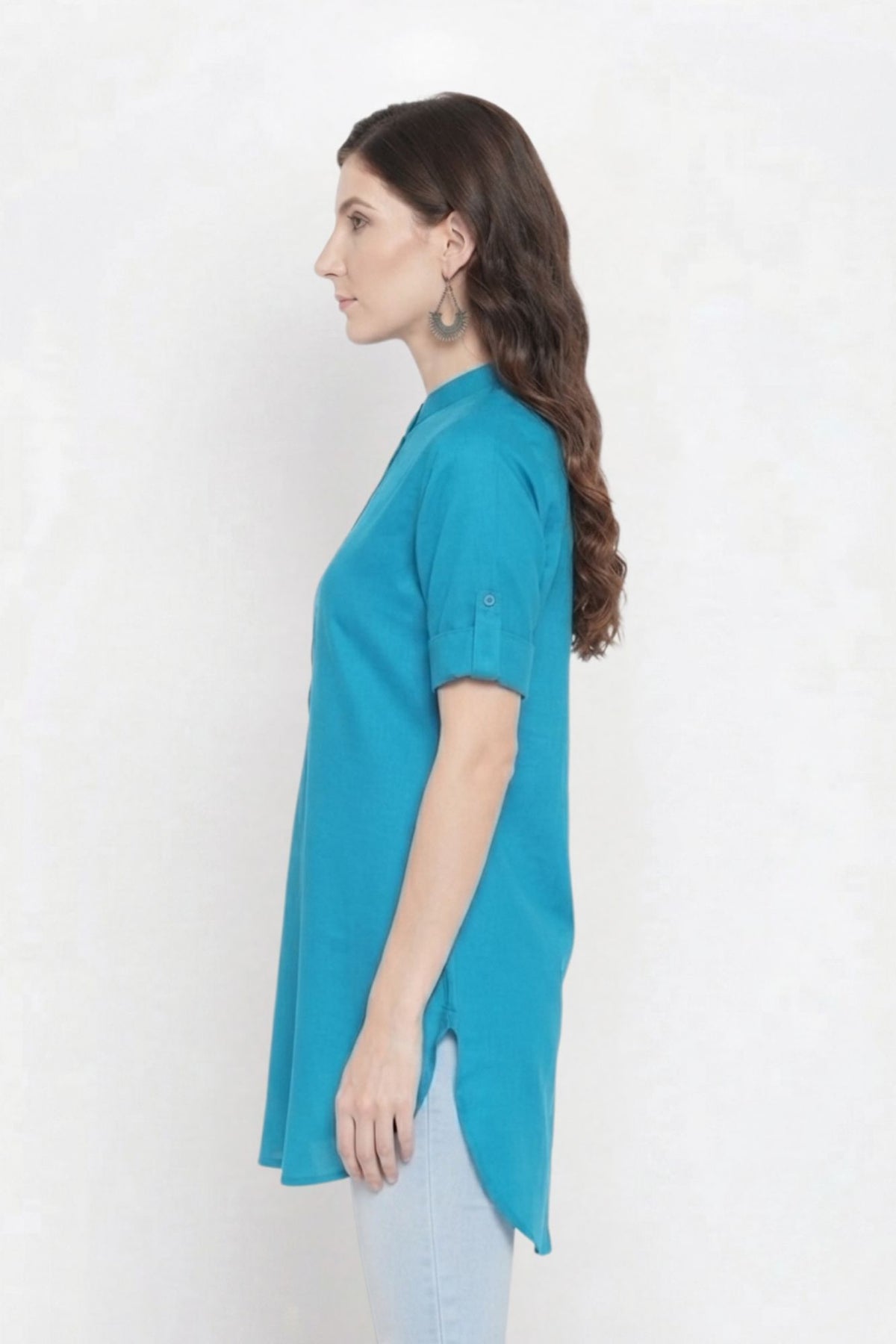 Turquoise Blue Solid Coloured Short Kurti - 32" Length