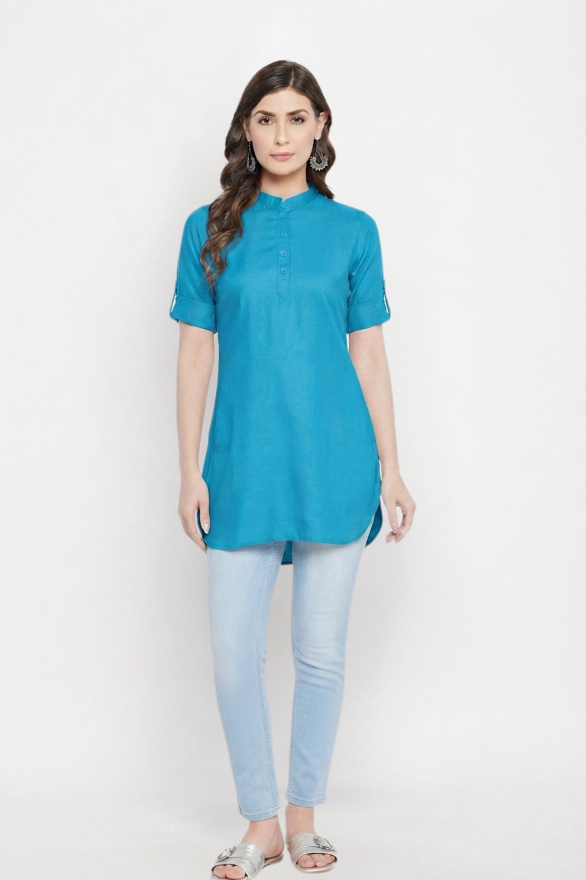 Turquoise Blue Solid Coloured Short Kurti - 32" Length