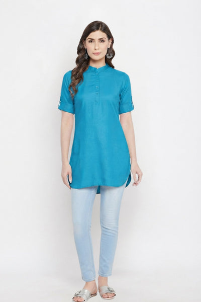 Turquoise Blue Solid Coloured Short Kurti - 32" Length