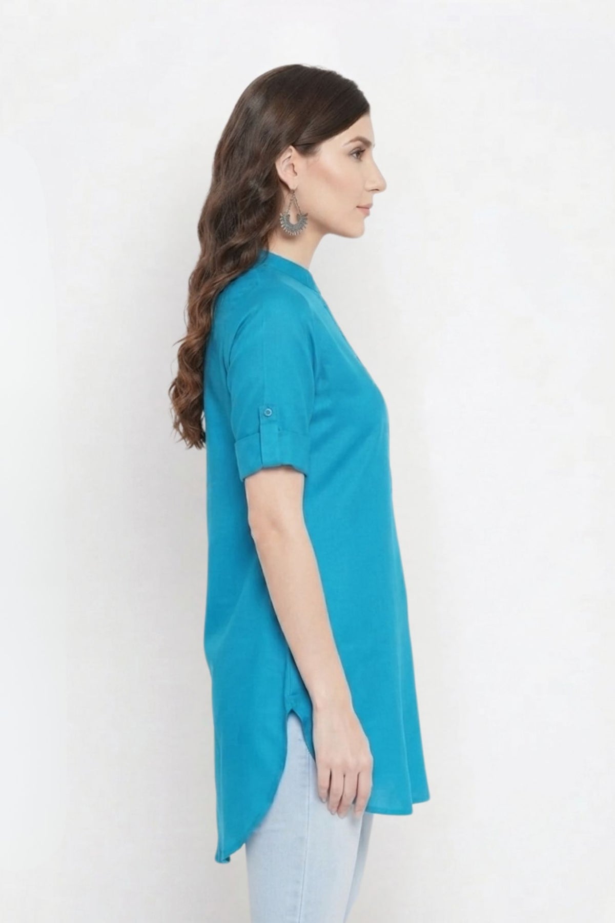 Turquoise Blue Solid Coloured Short Kurti - 32" Length