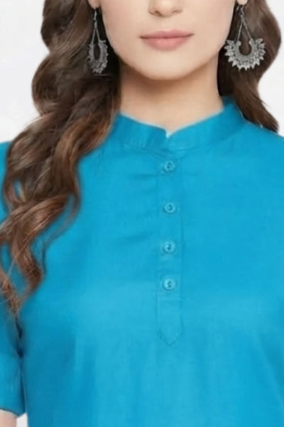 Turquoise Blue Solid Coloured Short Kurti - 32" Length