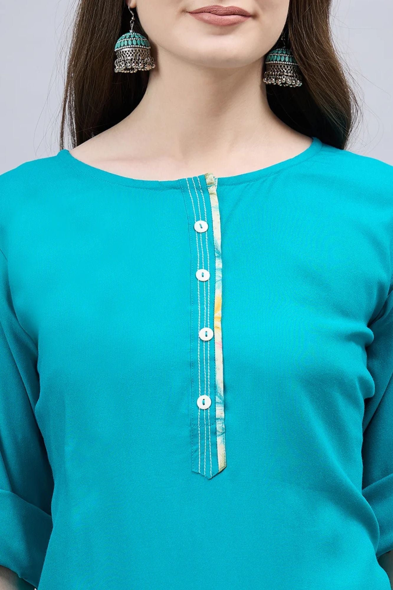 Turquoise Round Neck Straight Fit Rayon Kurti