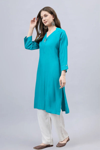 Turquoise V-Neck Straight Fit Rayon Kurti