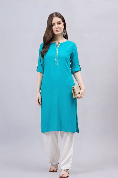 Black Round Neck Straight Fit Rayon Kurti