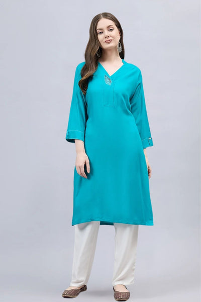 Black V-Neck Straight Fit Rayon Kurti