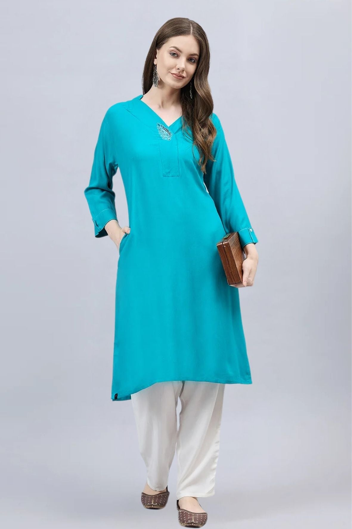 Turquoise V-Neck Straight Fit Rayon Kurti