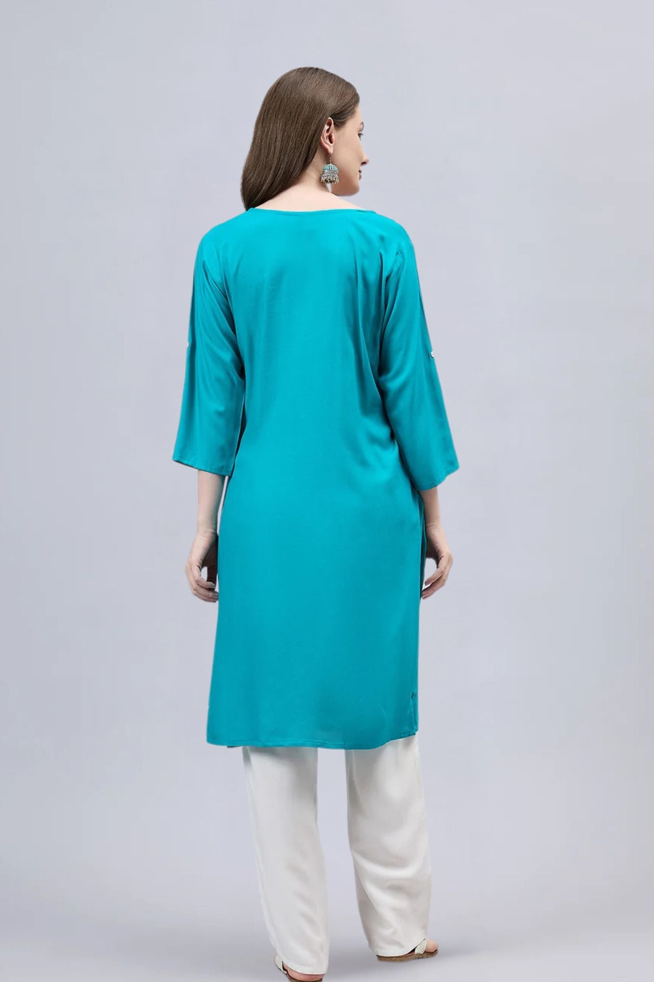 Turquoise Round Neck Straight Fit Rayon Kurti