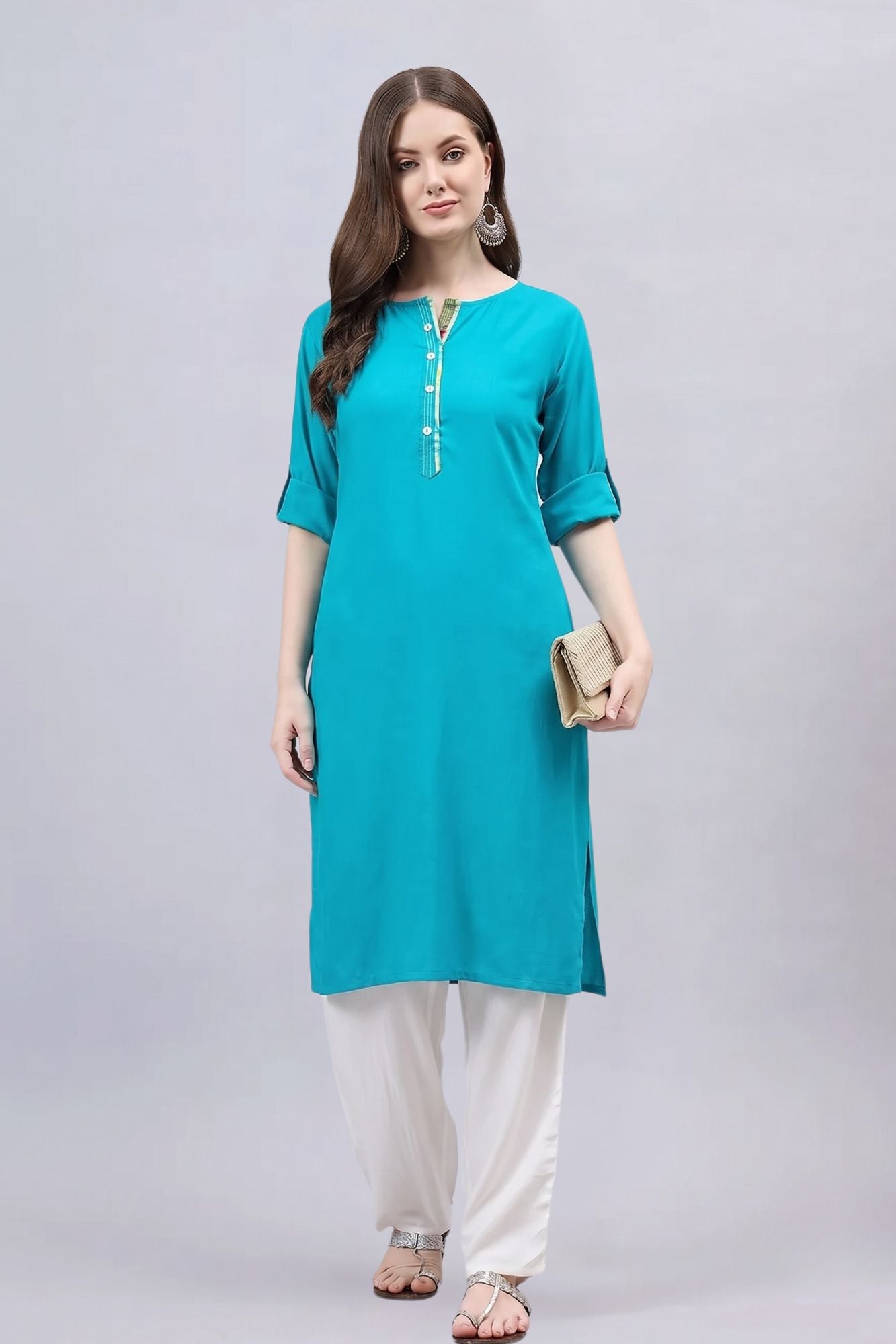 Turquoise Round Neck Straight Fit Rayon Kurti