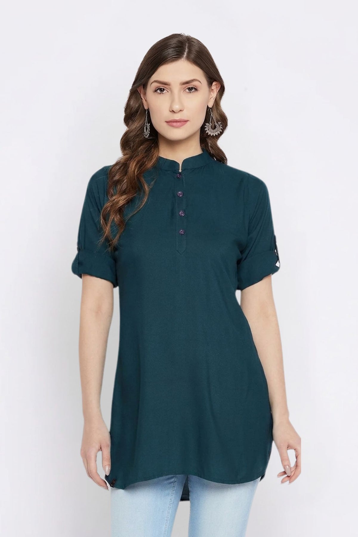 Bottle Green Solid Coloured Short Kurti - 32" Length