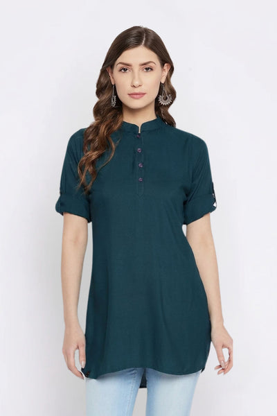 Bottle Green Solid Coloured Short Kurti - 32" Length