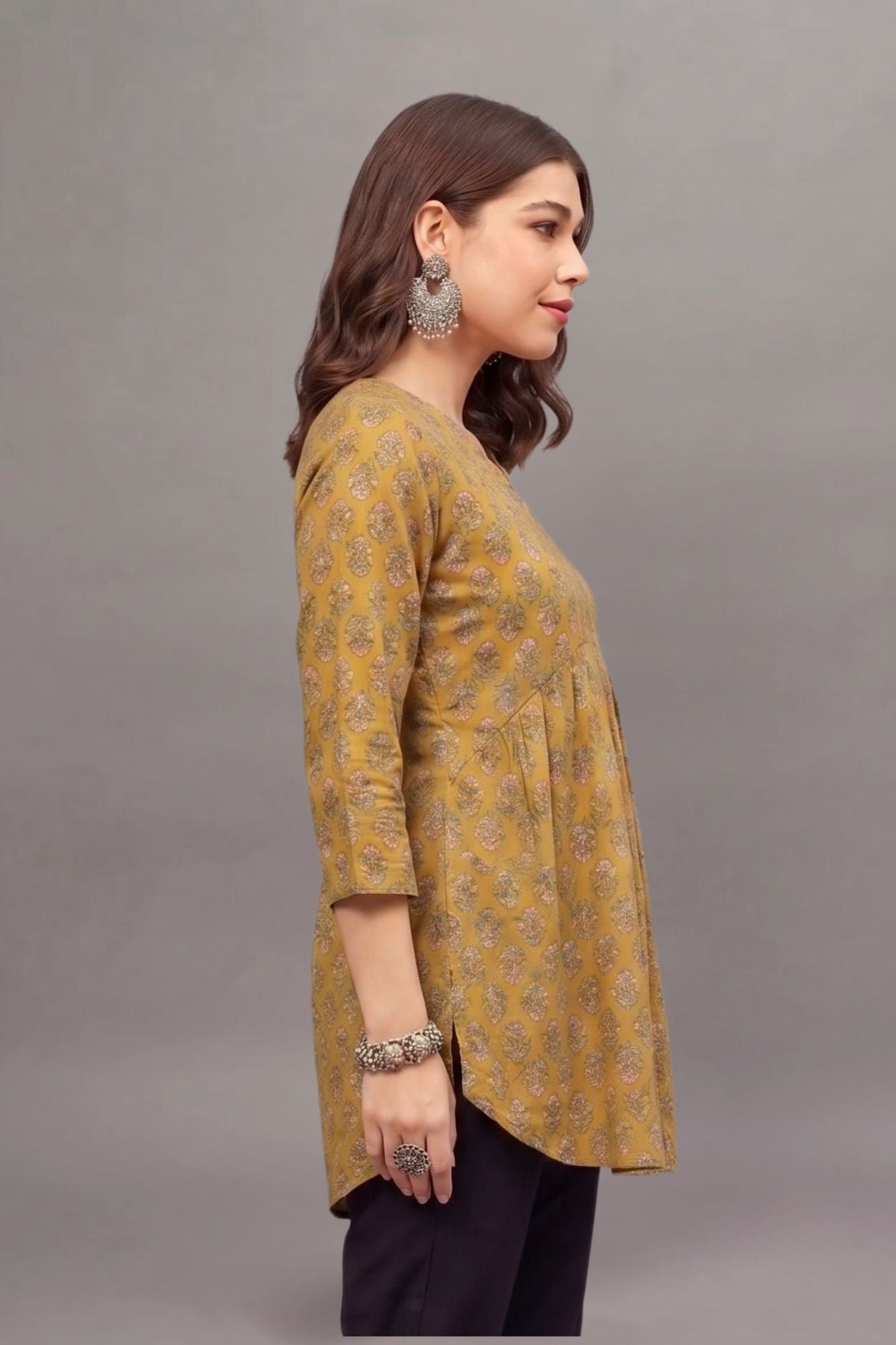 Mustard Floral Buti Print V-Neck Cotton Kurti for Women