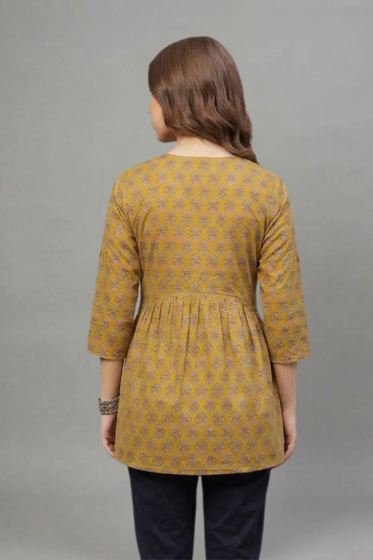Mustard Floral Buti Print V-Neck Cotton Kurti for Women