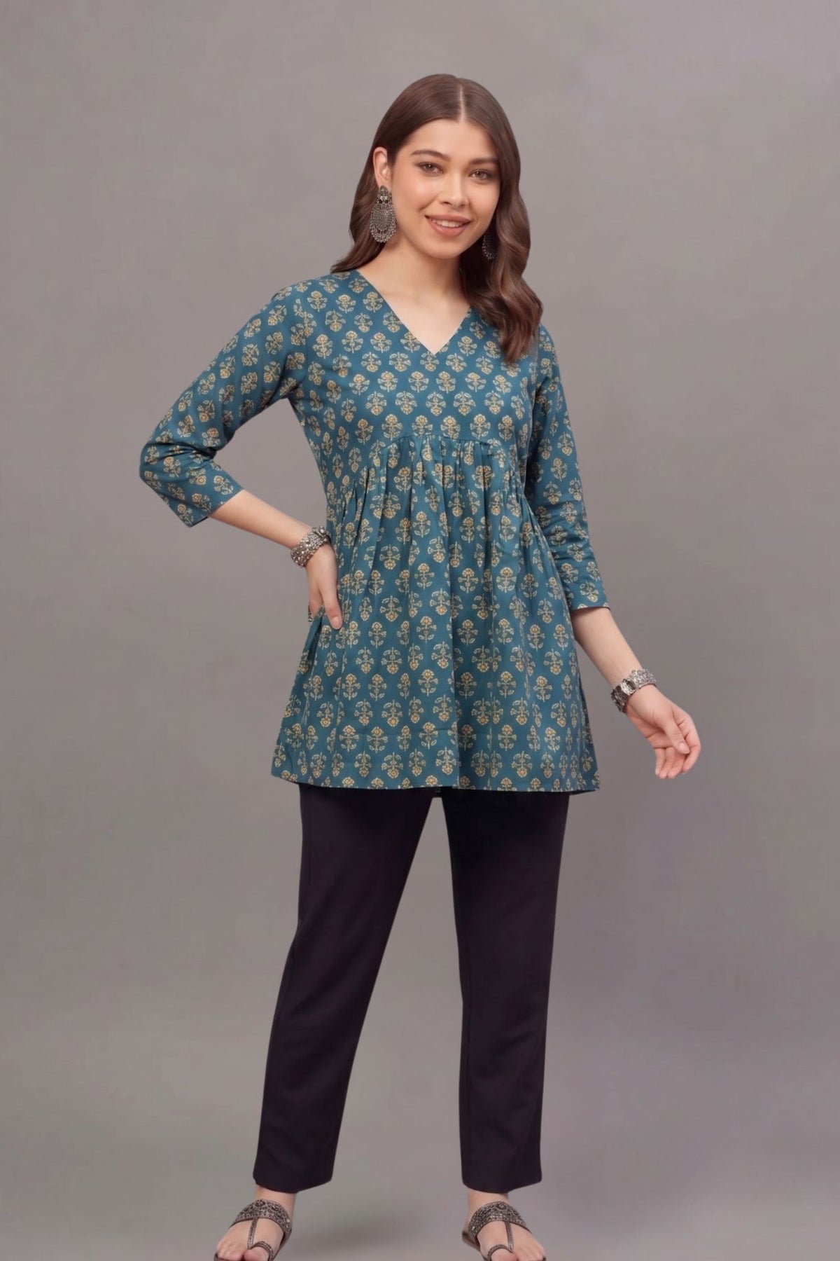 Teal Blue Floral Buti Print V-Neck Cotton Kurti for Women