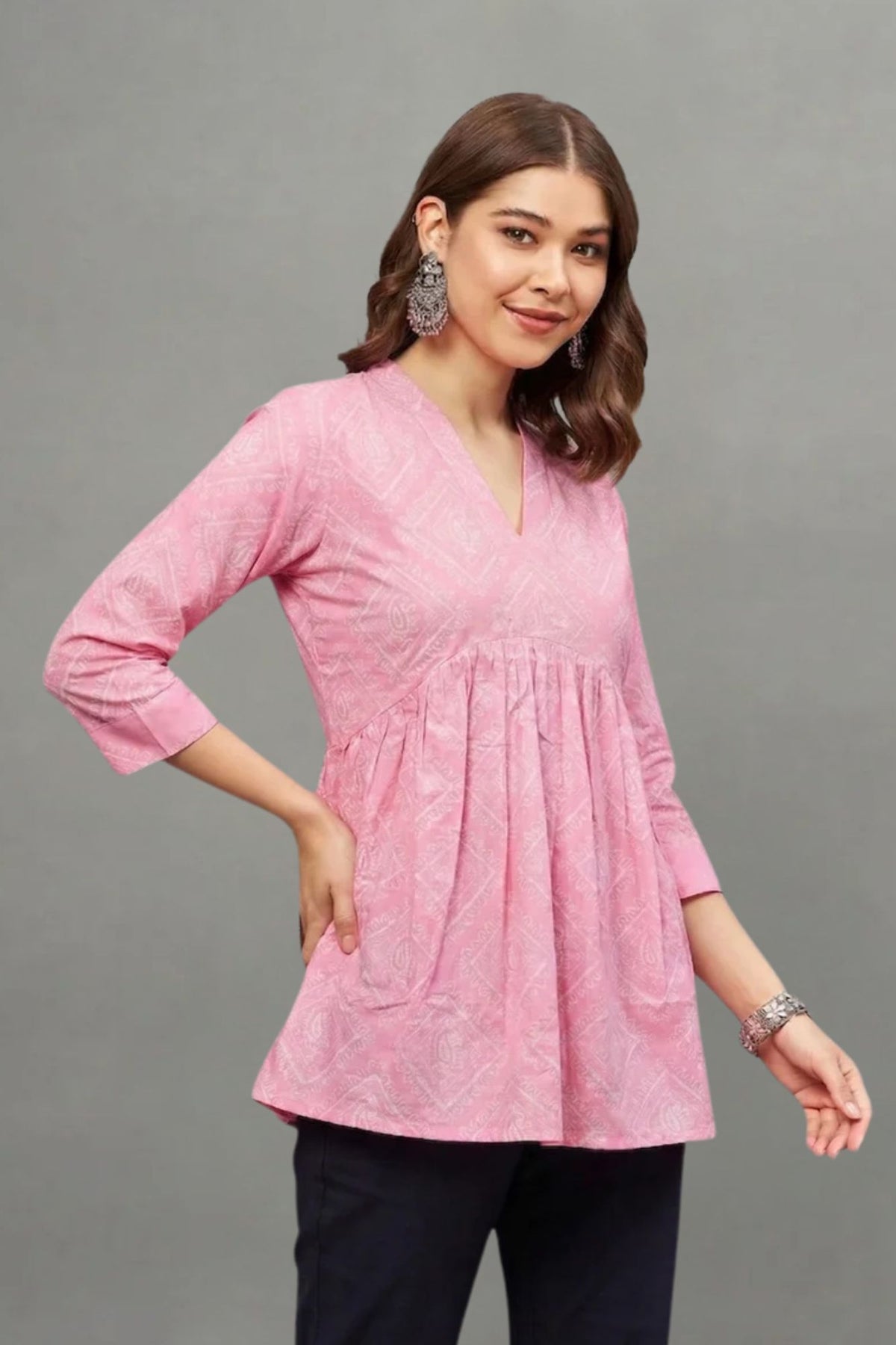 Pink Block Printed V-neck Cotton Kurti for Women