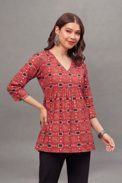 Red Geometric Print V-Neck Cotton Kurti for Women