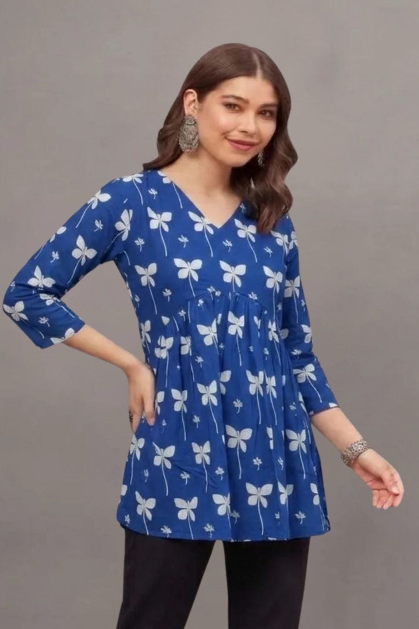 Cotton Blue butterfly Printed short kurti
