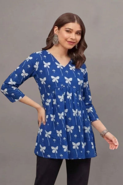 Cotton Blue butterfly Printed short kurti