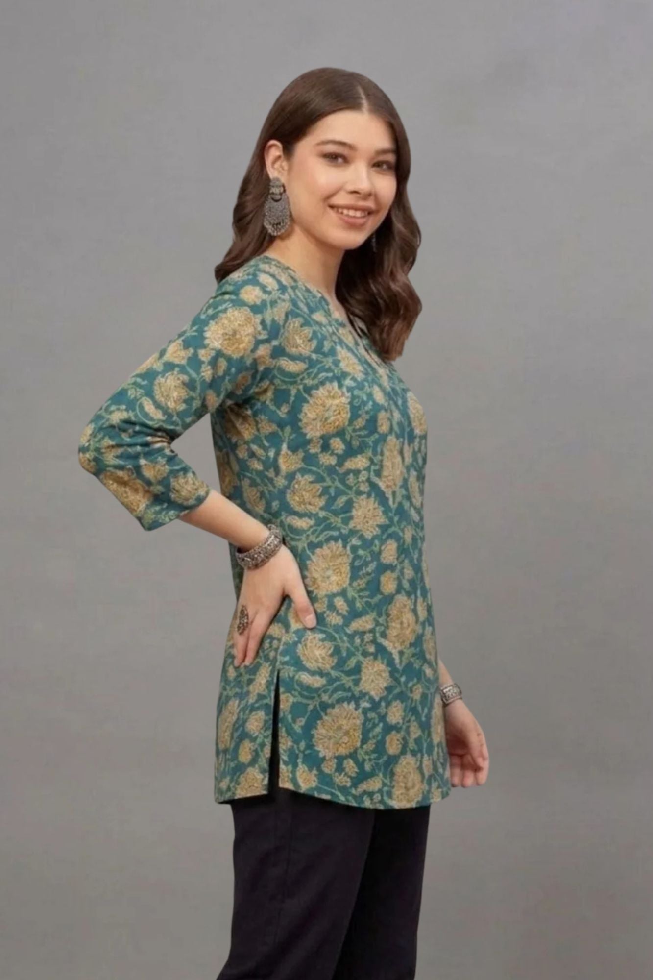 Cotton Teal Gold Printed Short  Kurti